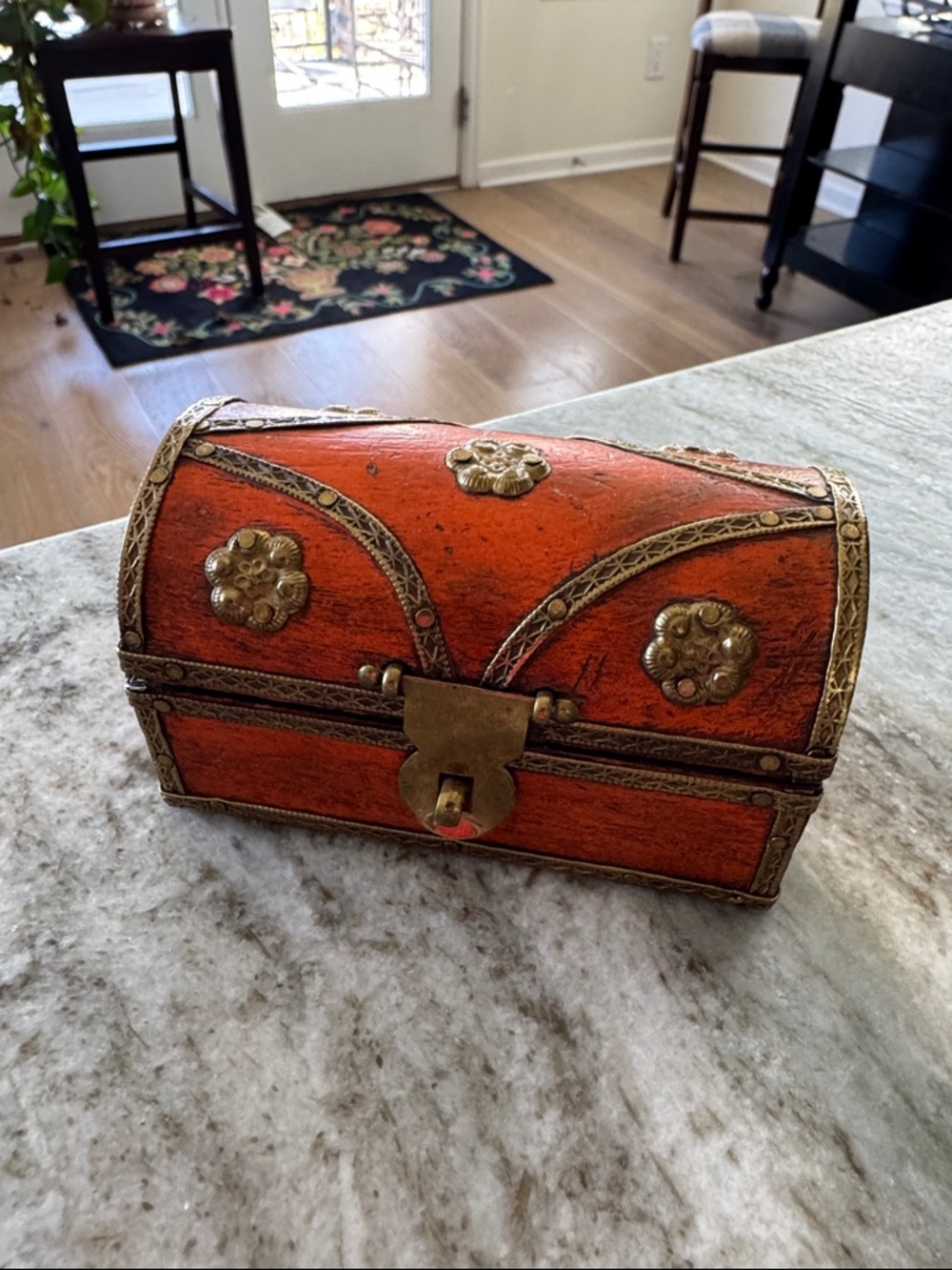Handcrafted Orange Decorative Treasure Box with Brass Accents